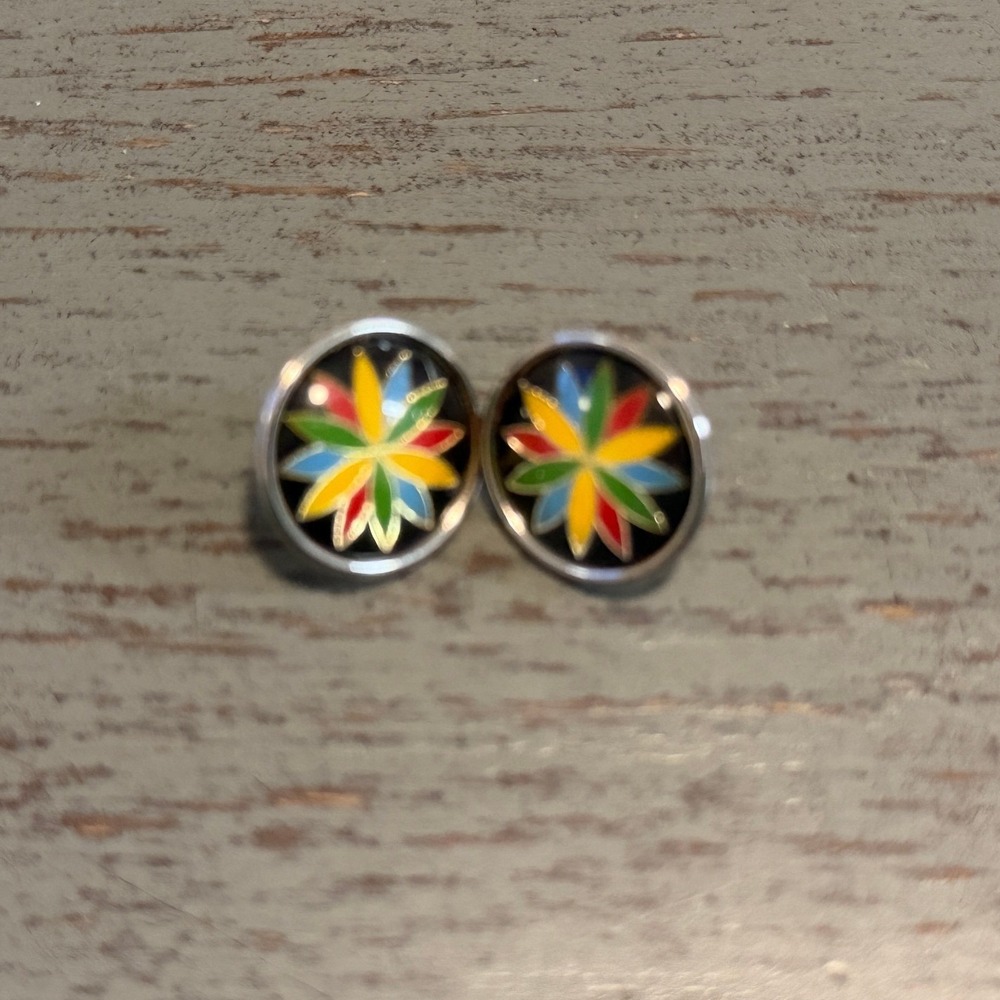 Colorful Floral Enamel Stud Earrings Silver Tone Multi Color Flower Round Studs